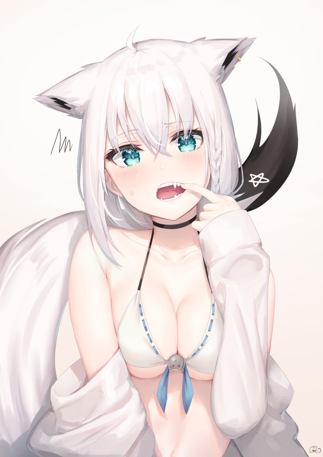 animal_ears bikini_top hololive hololive_gamers kitsune open_shirt reinama shirakami_fubuki swimsuits tail