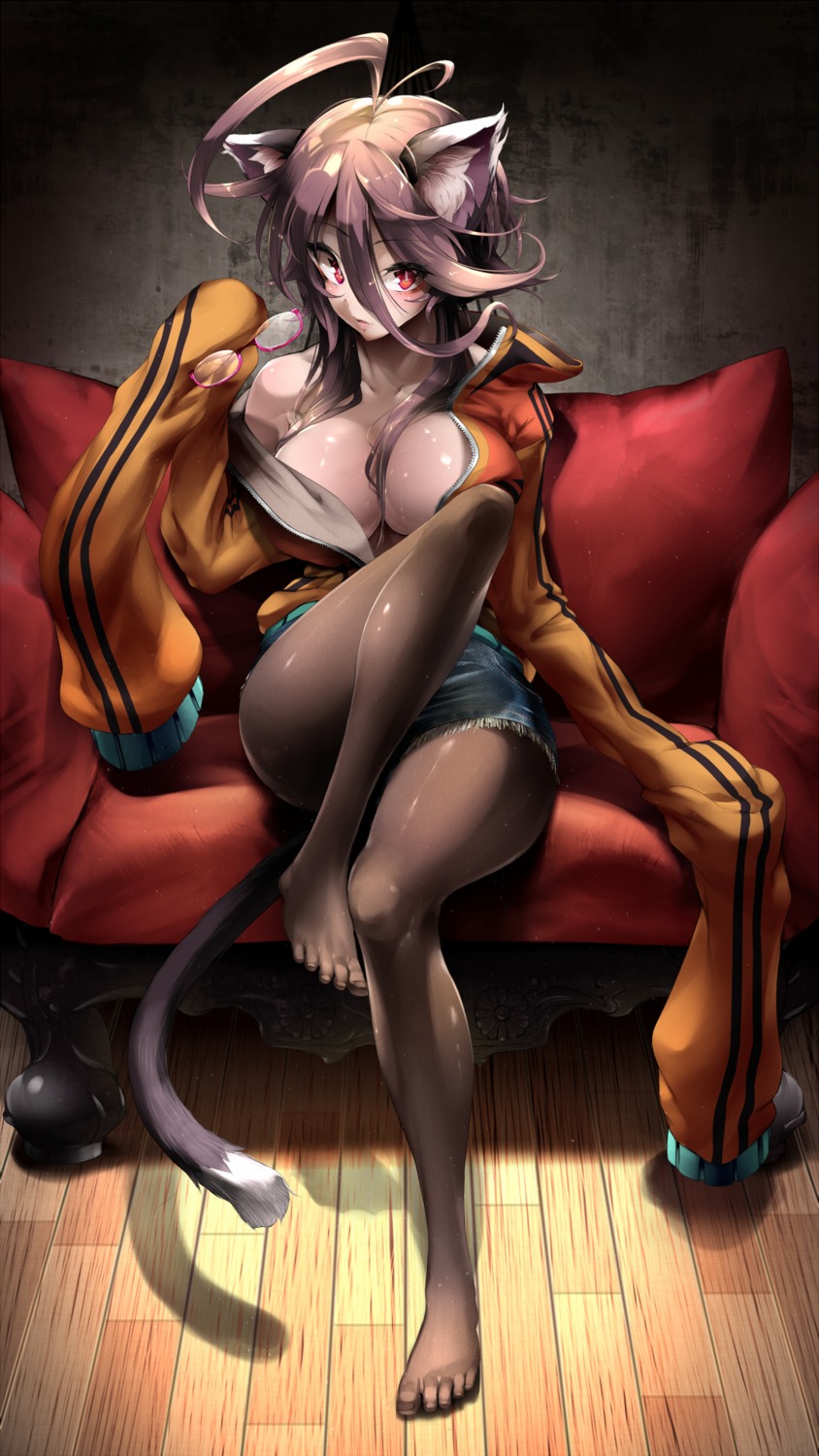 animal_ears cleavage megane nekoarashi nekomimi no_bra open_shirt pantyhose tail