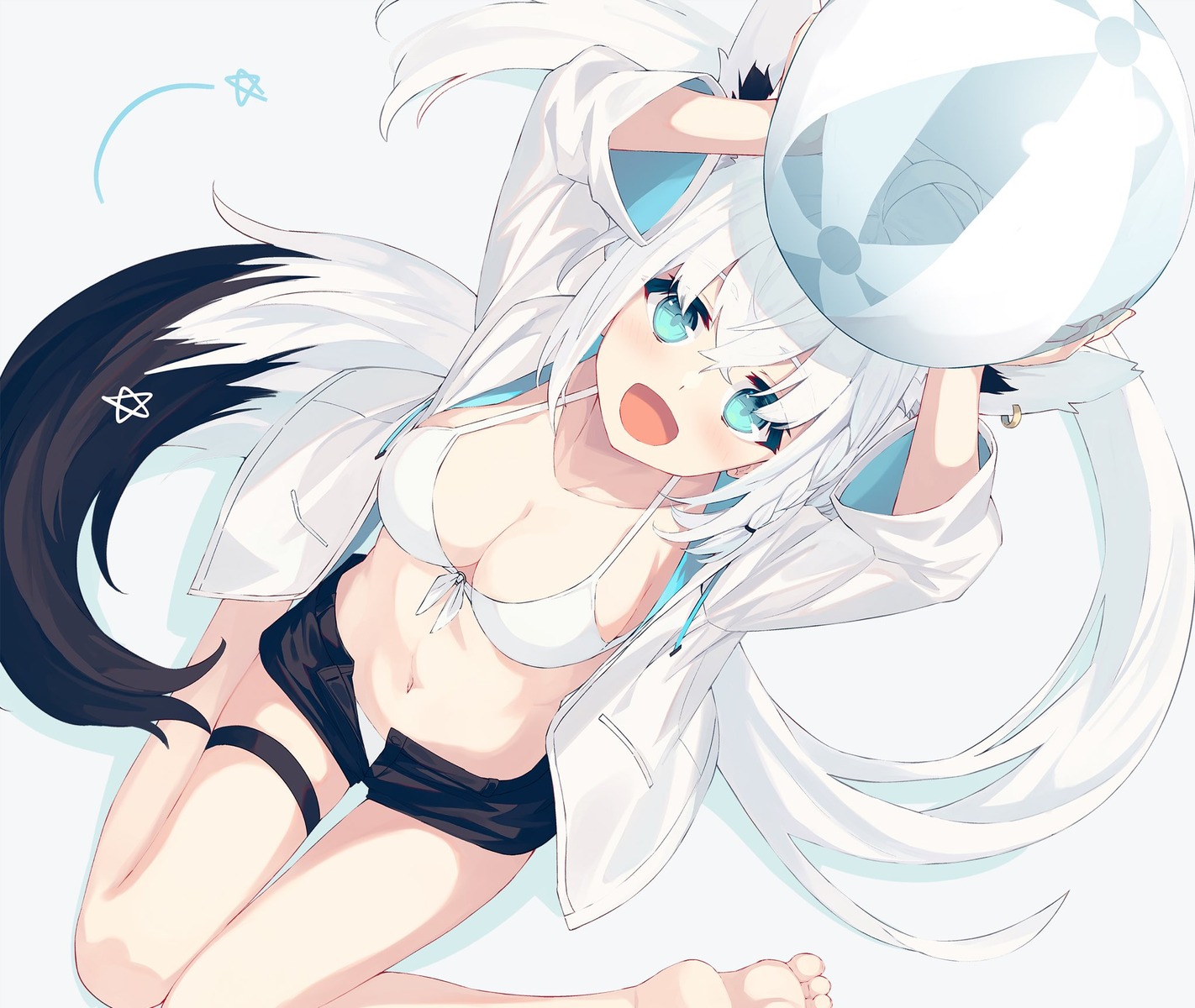 animal_ears bikini garter hololive hololive_gamers kitsune nagishiro_mito open_shirt shirakami_fubuki swimsuits tail