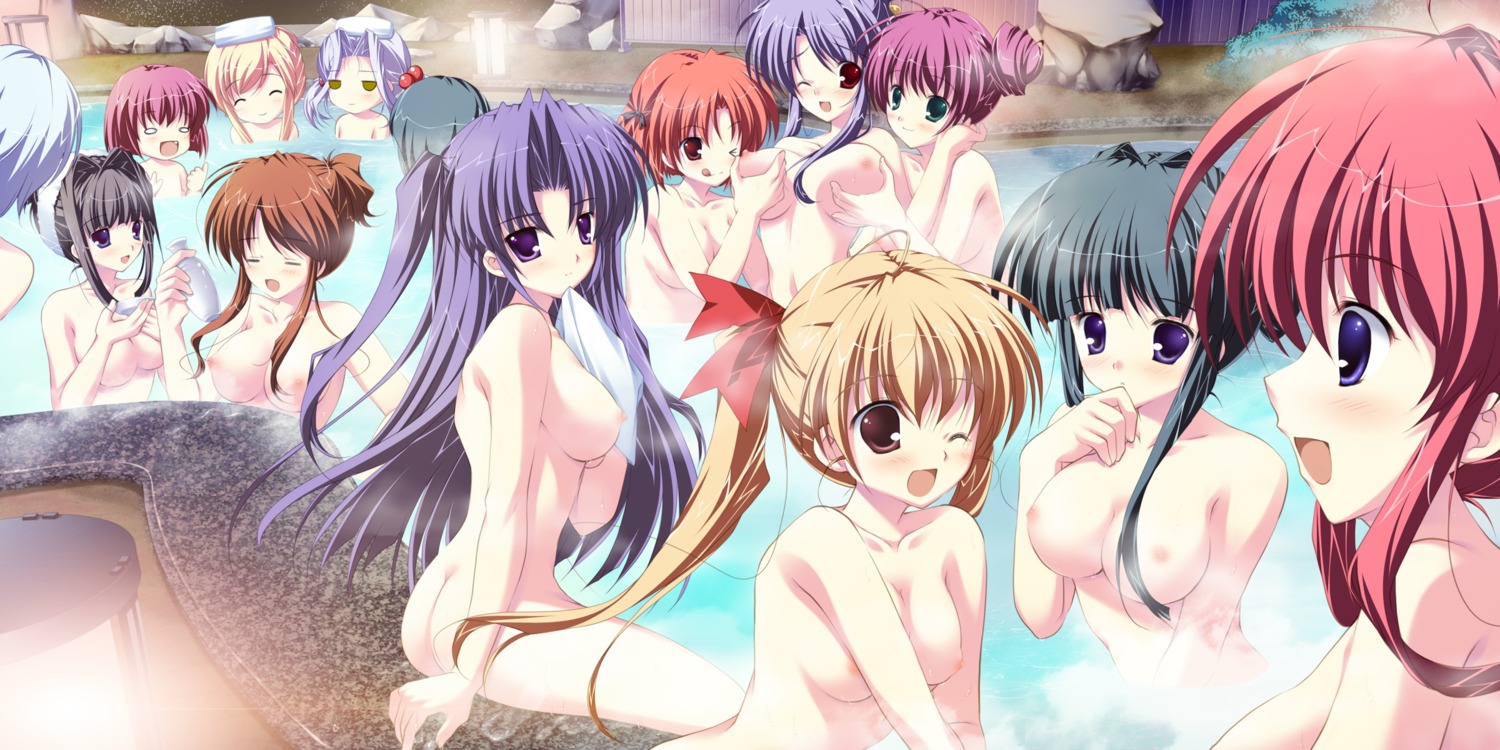 bathing breast_grab game_cg lyrical_ds lyrical_lyric mikeou naked nipples onsen wet