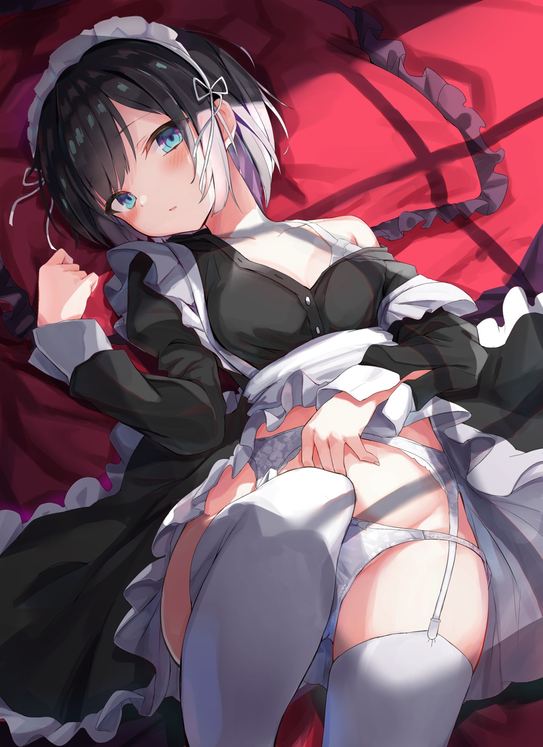 bra garter_belt maid open_shirt pantsu skirt_lift stockings thighhighs toshizou_(0714)