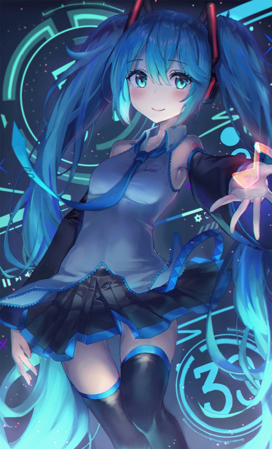 hatsune_miku headphones rangu skirt_lift tattoo thighhighs vocaloid