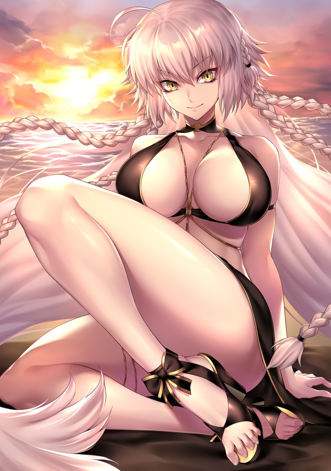 bikini_top fate/grand_order feet garter heels jeanne_d'arc jeanne_d'arc_(alter)_(fate) nasaniliu skirt_lift swimsuits