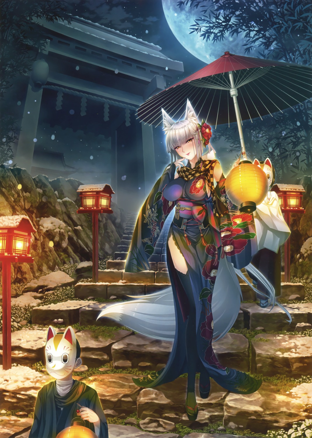 animal_ears japanese_clothes kitsune tail thighhighs umbrella yatsuha_kanan
