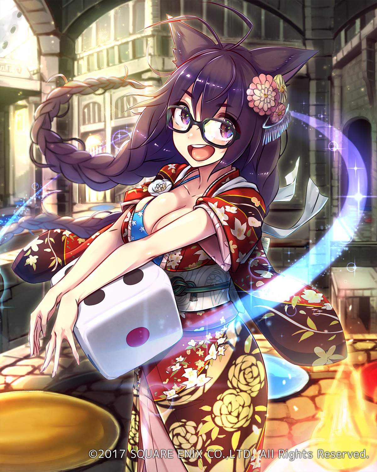 animal_ears bikini_top cleavage mappaninatta megane open_shirt square_enix venus_rumble yukata