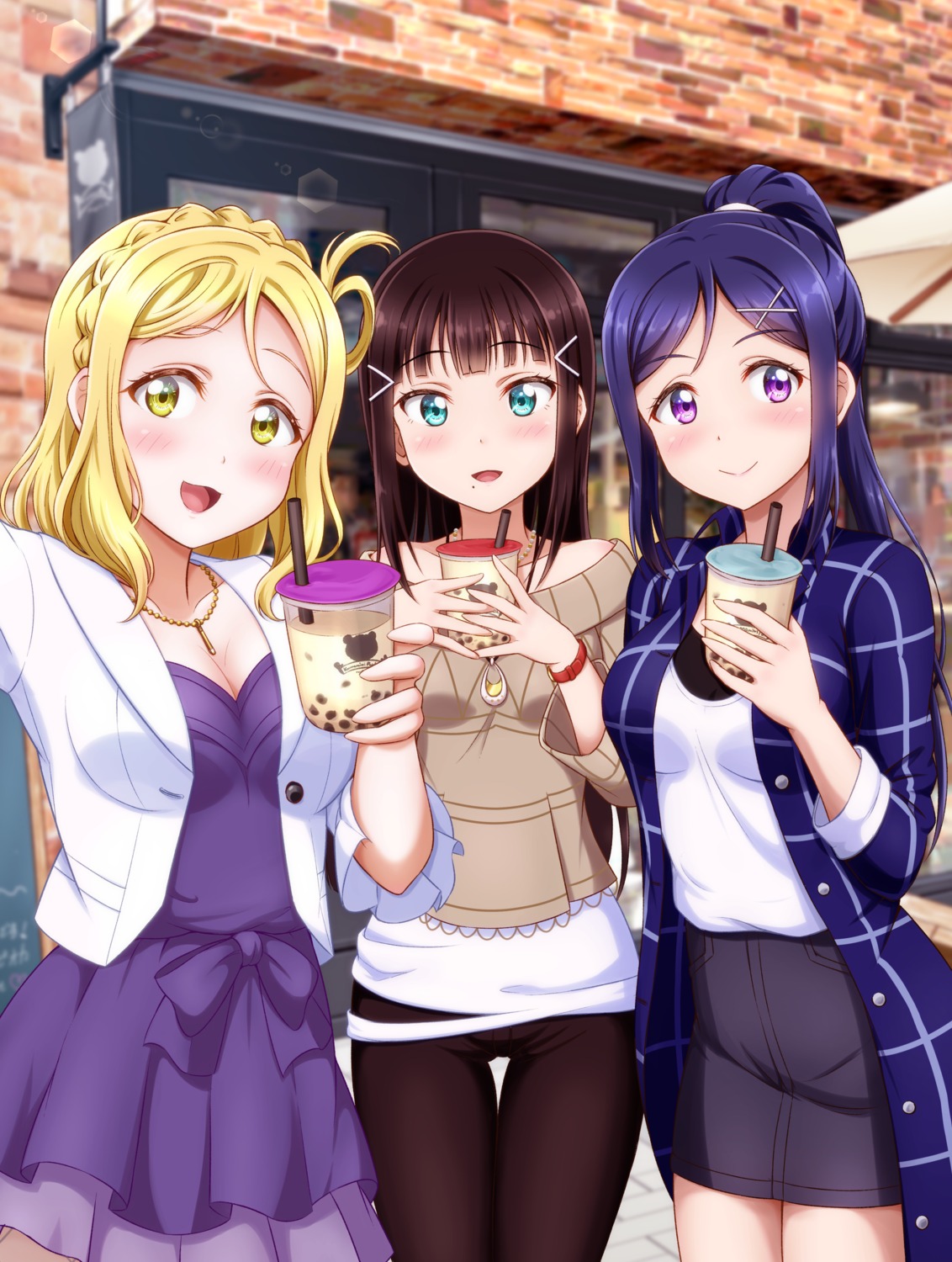 ckst cleavage dress kurosawa_dia love_live!_sunshine!! matsuura_kanan ohara_mari sweater