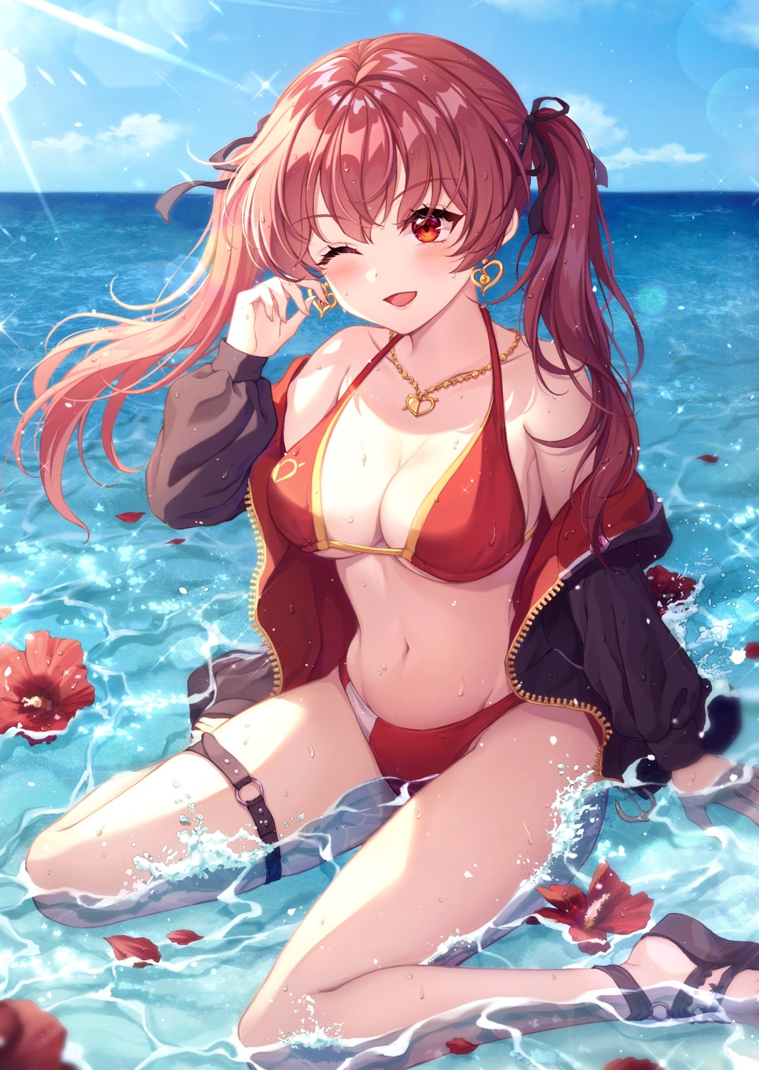 bikini garter hololive houshou_marine iyar open_shirt swimsuits wet