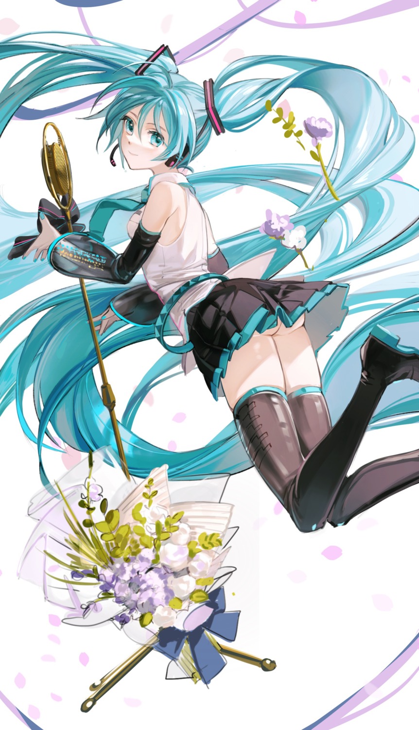 ass hatsune_miku headphones nopan rumoon skirt_lift thighhighs vocaloid