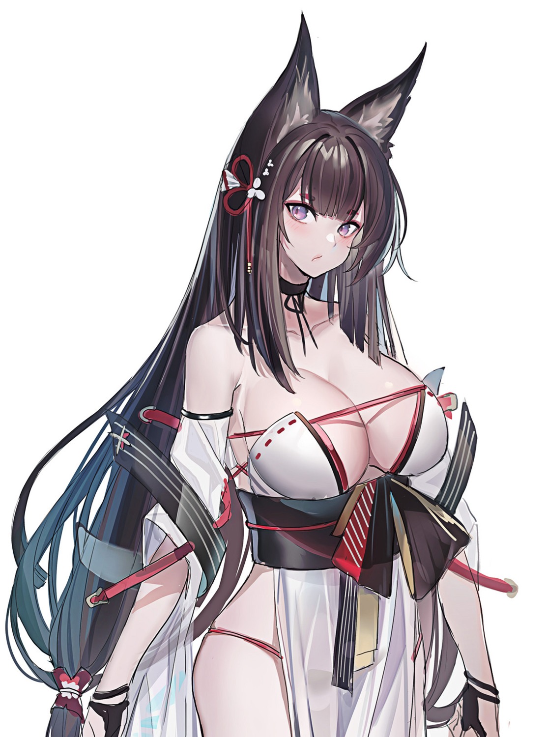 amagi_(azur_lane) animal_ears azur_lane cleavage echj japanese_clothes kitsune no_bra pantsu see_through