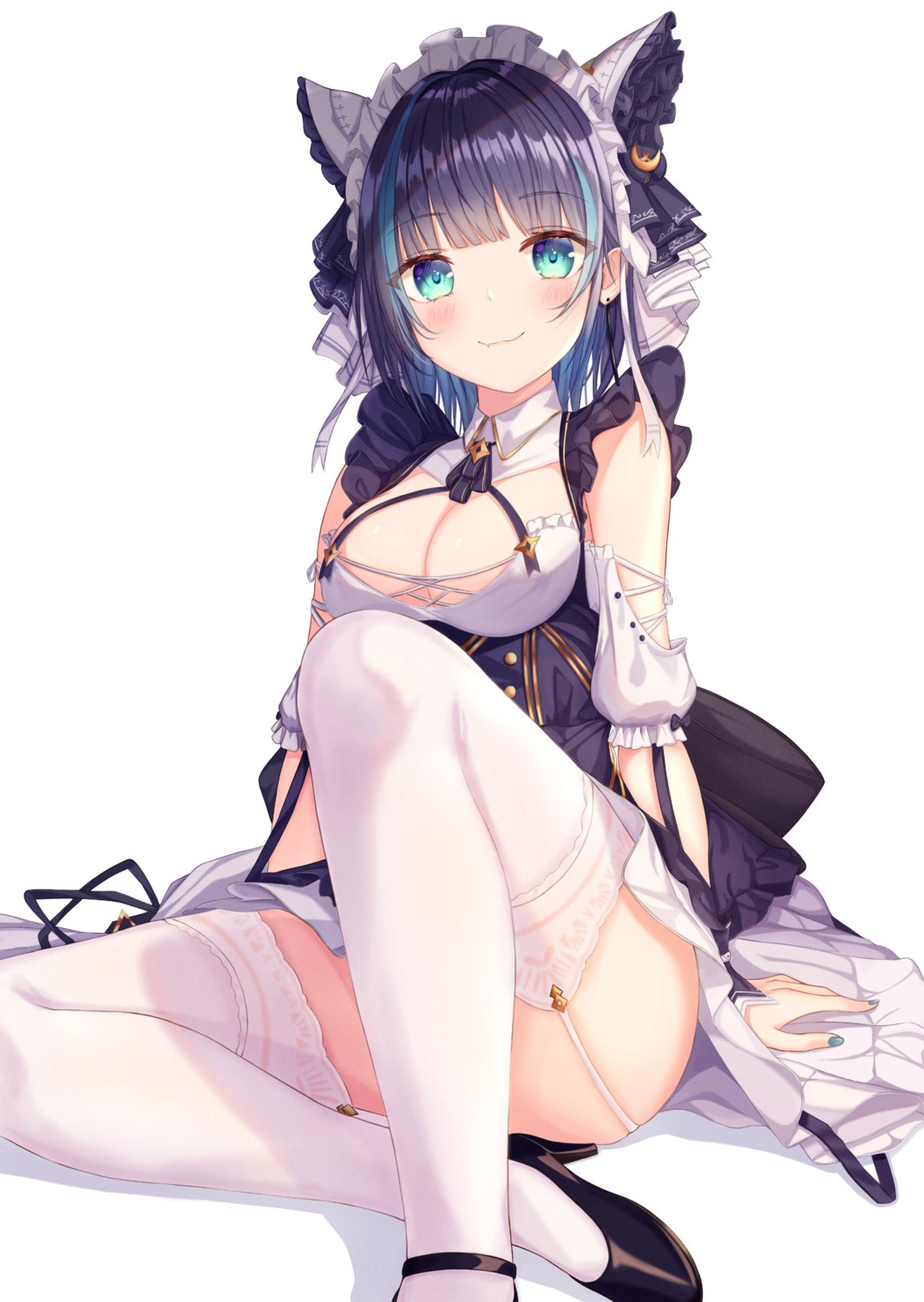 azur_lane cheshire_(azur_lane) cleavage funii heels maid no_bra skirt_lift stockings thighhighs