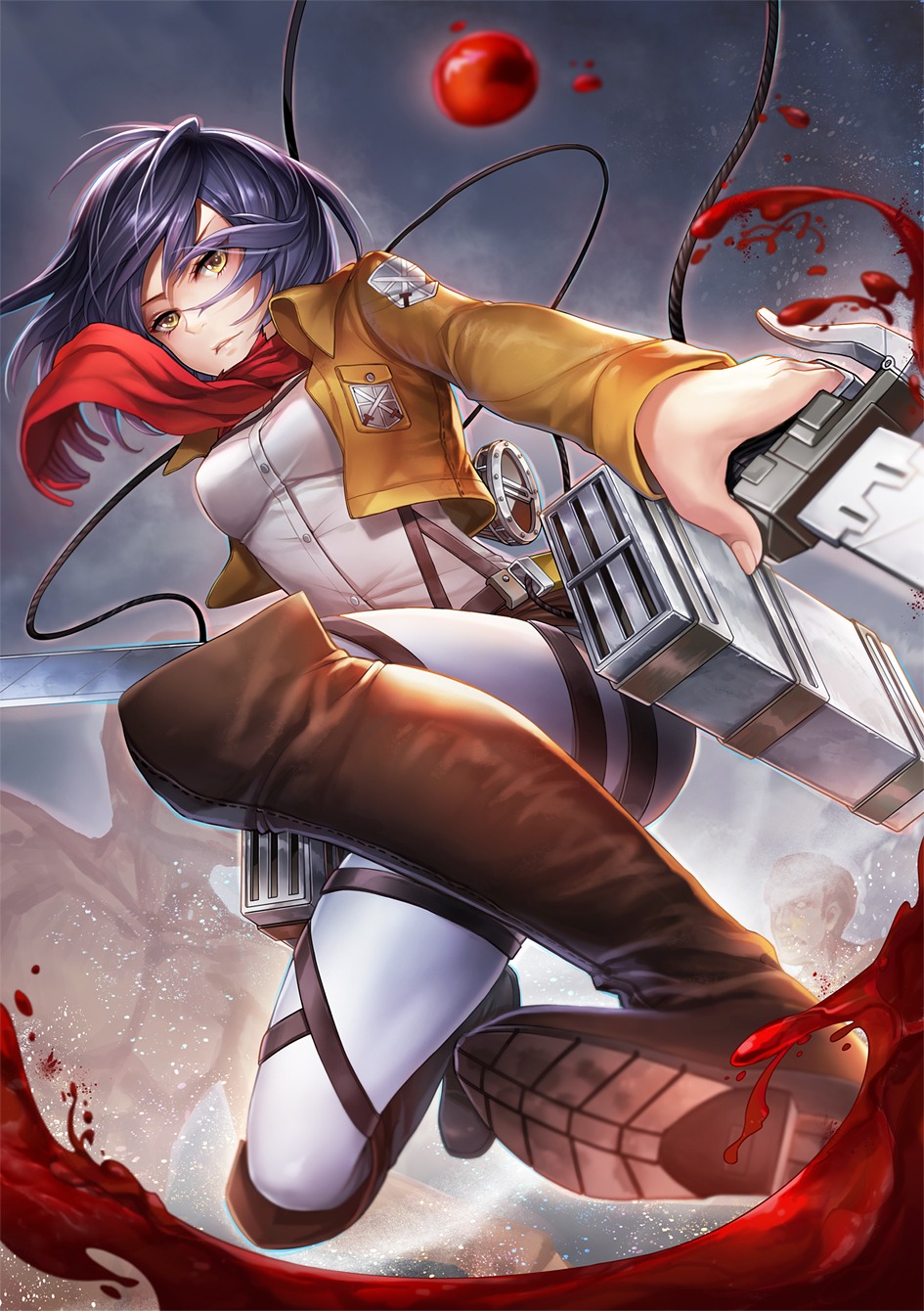 blood j.lili mikasa_ackerman shingeki_no_kyojin sword uniform