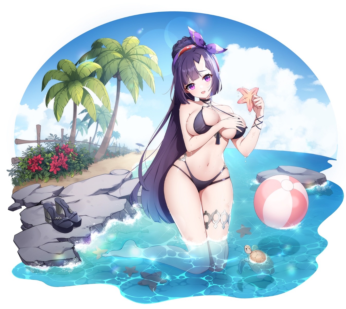 ayame_(eversoul) bikini breast_hold eversoul garter horns swimsuits tagme wet