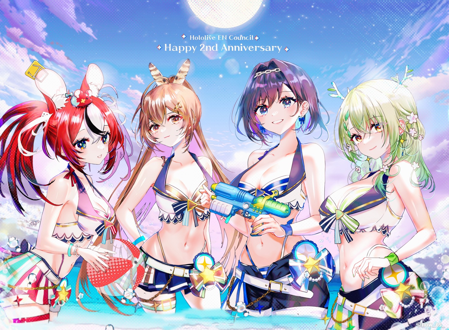 animal_ears bikini ceres_fauna garter gun hakos_baelz hololive hololive_english horns nanashi_mumei ouro_kronii sowon swimsuits wet