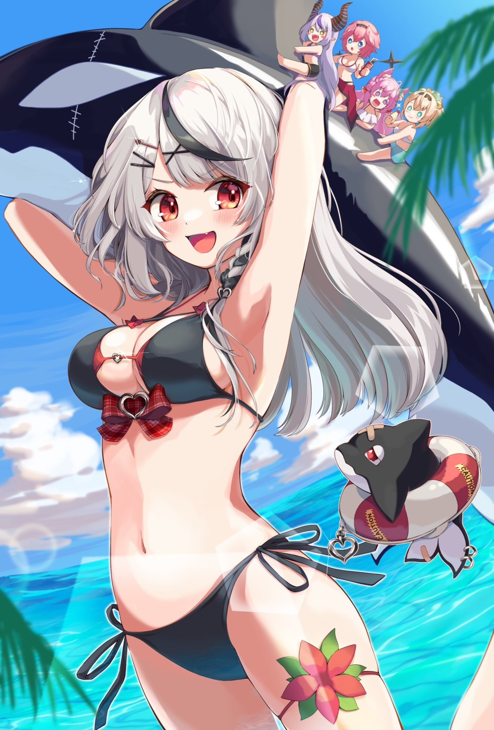 aisu_(i_ce_pinon_pino) animal_ears bikini chibi cleavage devil garter hakui_koyori hololive horns kazama_iroha la+_darknesss pointy_ears sakamata_chloe swimsuits tail takane_lui wings