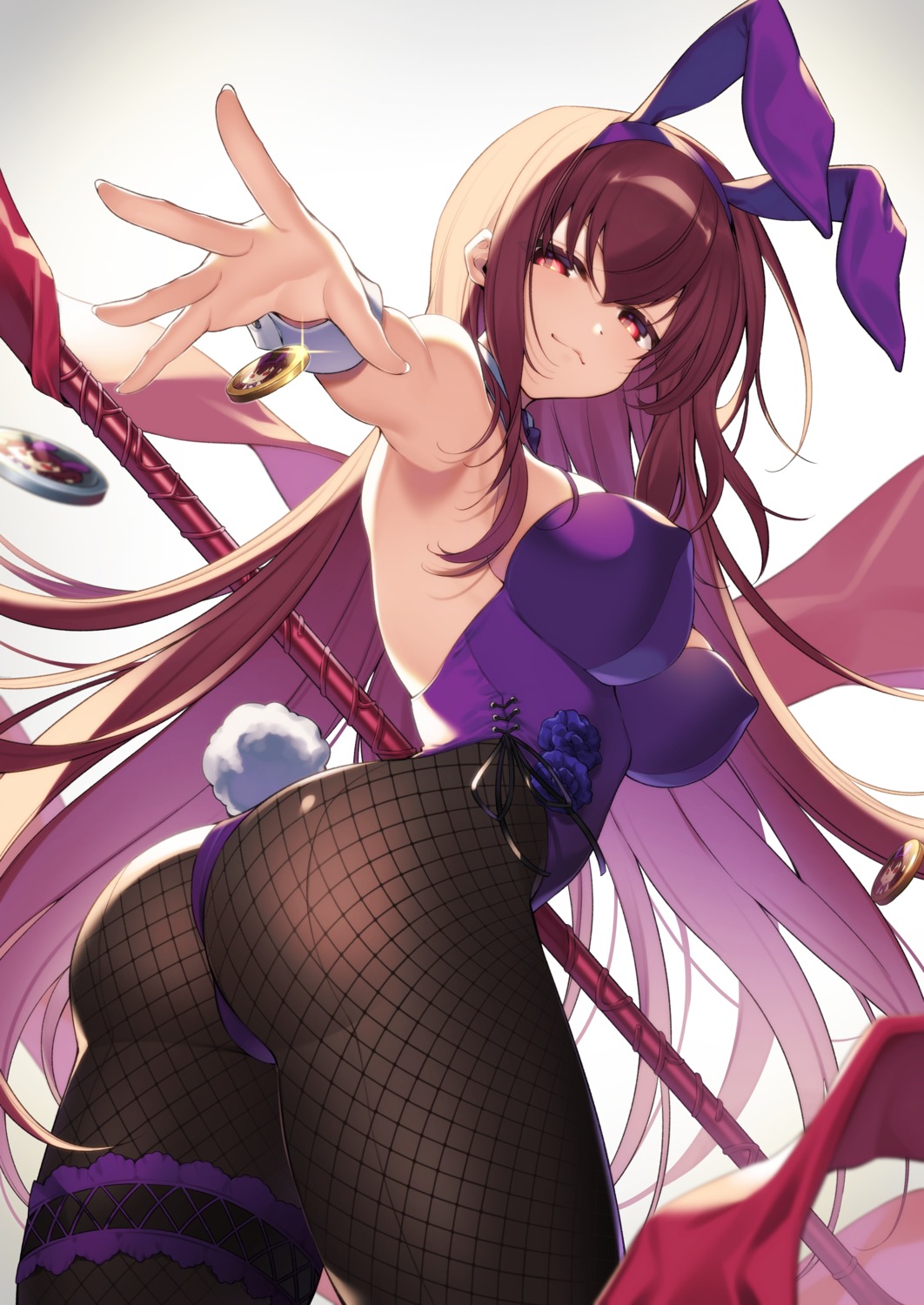 animal_ears ass bunny_ears bunny_girl citron_82 erect_nipples fate/grand_order fishnets garter no_bra pantyhose scathach_(fate/grand_order) tail weapon