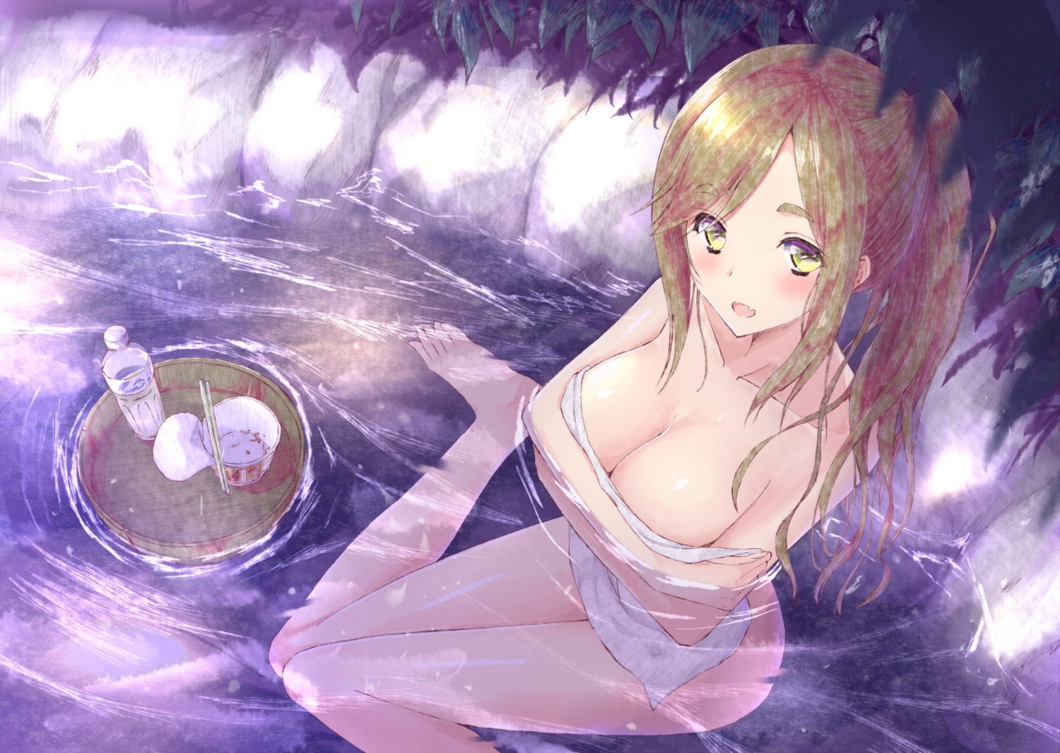 aramachi bathing breast_hold cleavage inuyama_aoi naked onsen towel wet yurucamp