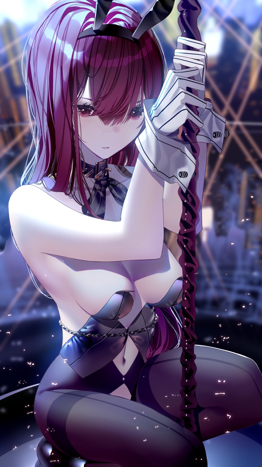 animal_ears atha_(leejuiping) bunny_ears bunny_girl fate/grand_order no_bra pantyhose scathach_(fate/grand_order) weapon