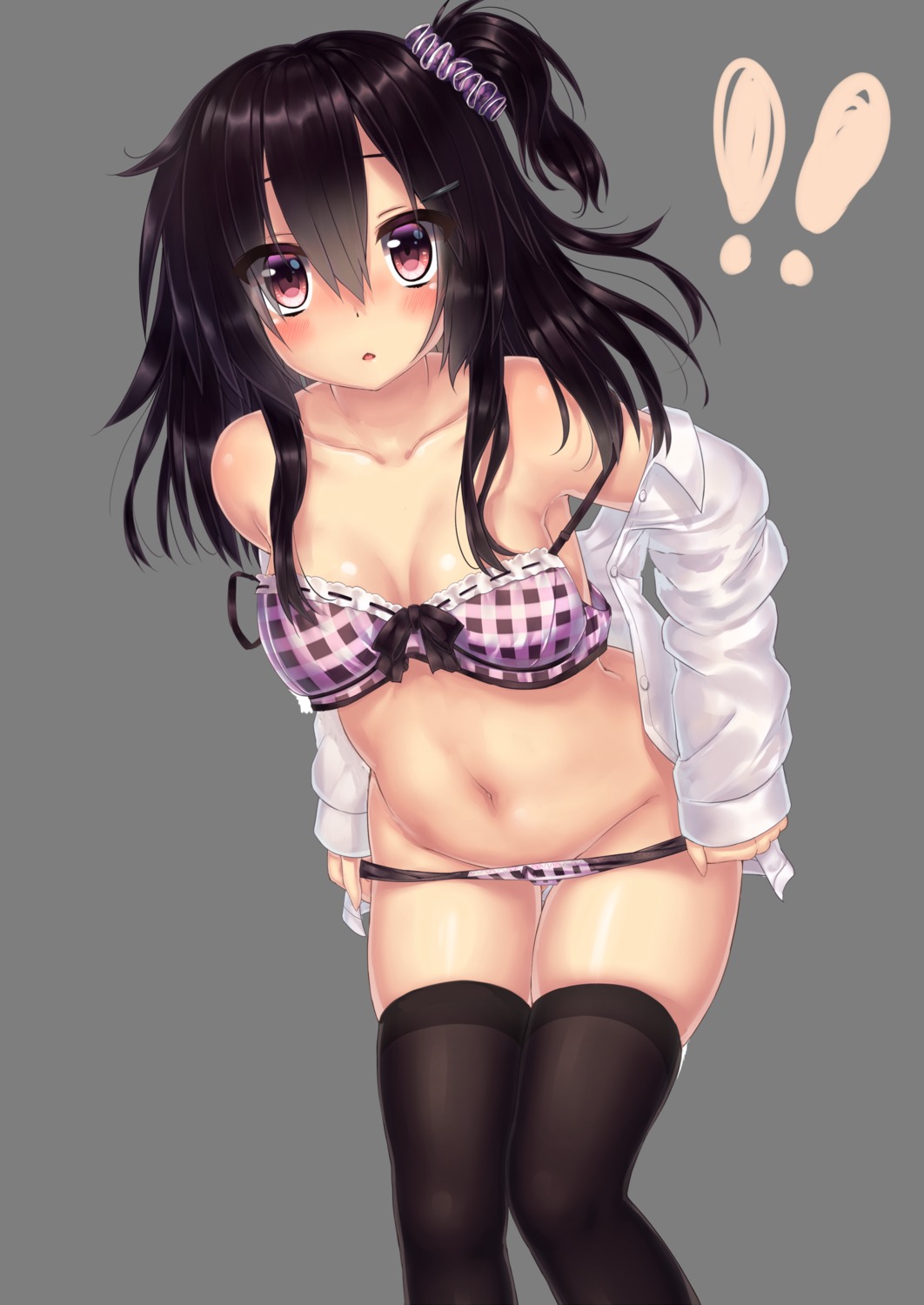 bra cleavage dress_shirt open_shirt pantsu panty_pull thighhighs transparent_png undressing zazazazazazawa