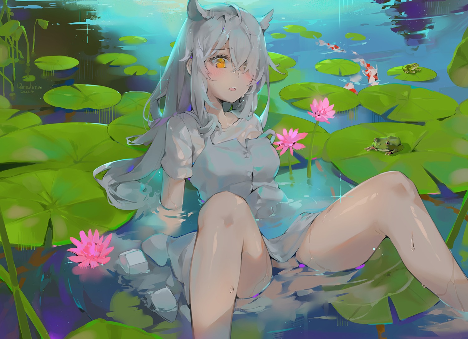 animal_ears dema_hmw dress see_through skirt_lift wet wet_clothes