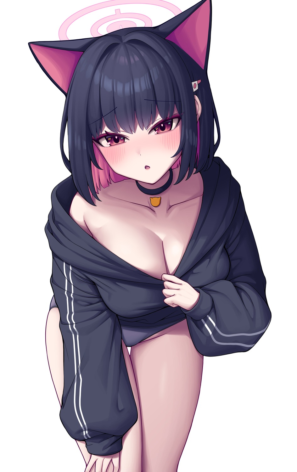 animal_ears blue_archive halo kyouyama_kazusa metaljelly nekomimi no_bra open_shirt pantsu undressing