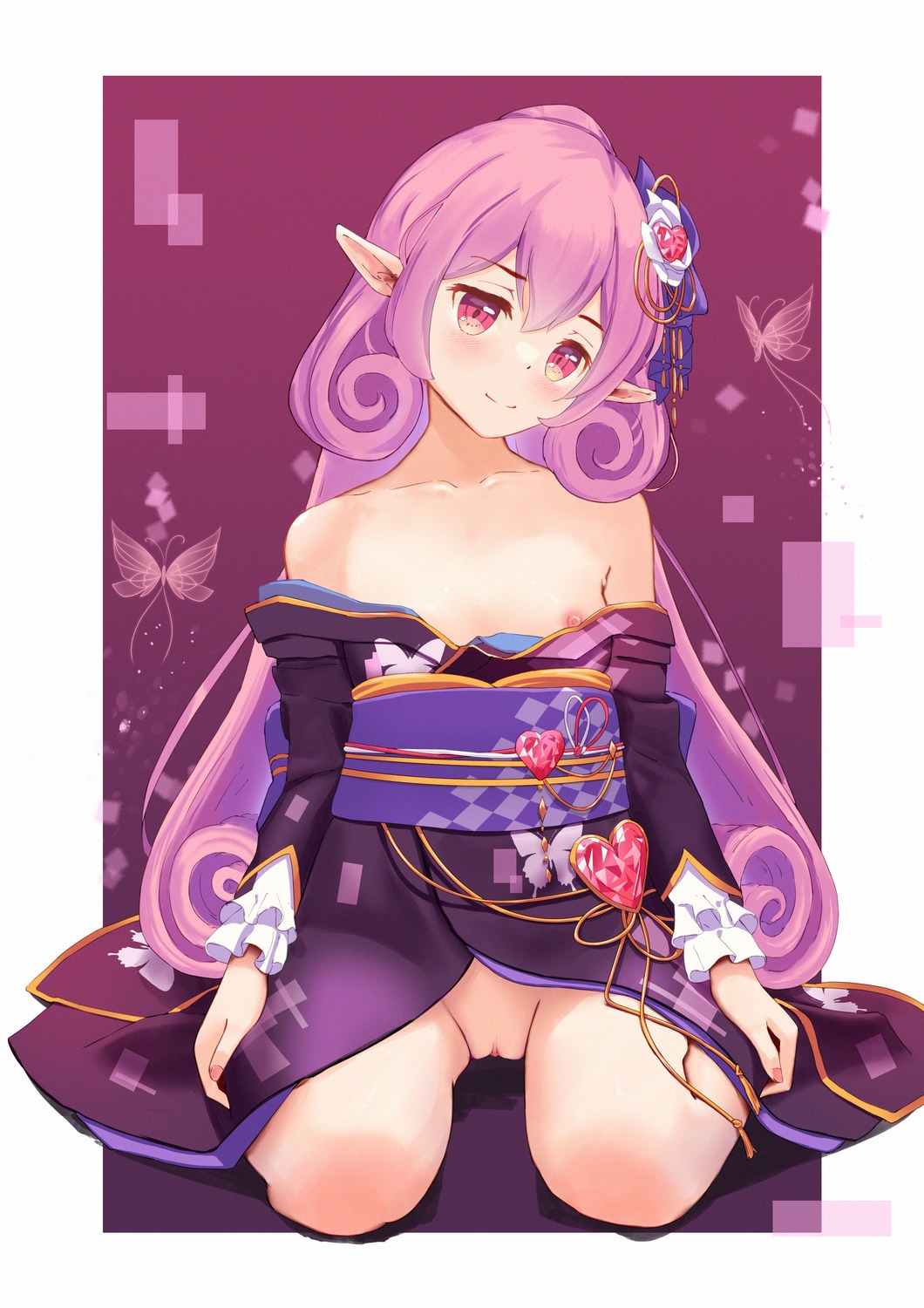 breasts kimono meoko nipples no_bra nopan open_shirt pointy_ears princess_connect princess_connect!_re:dive pussy skirt_lift uncensored utsushimi_neneka