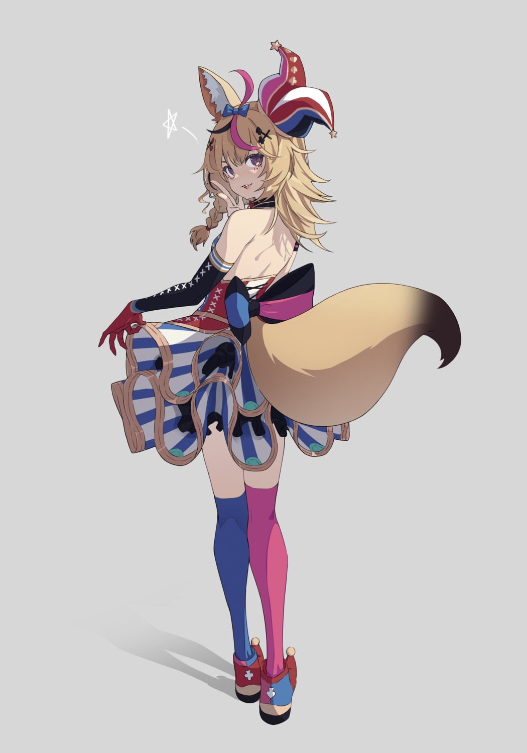 animal_ears dress hololive kitsune no_bra omaru_polka skirt_lift tail thighhighs toga_(toganawa)