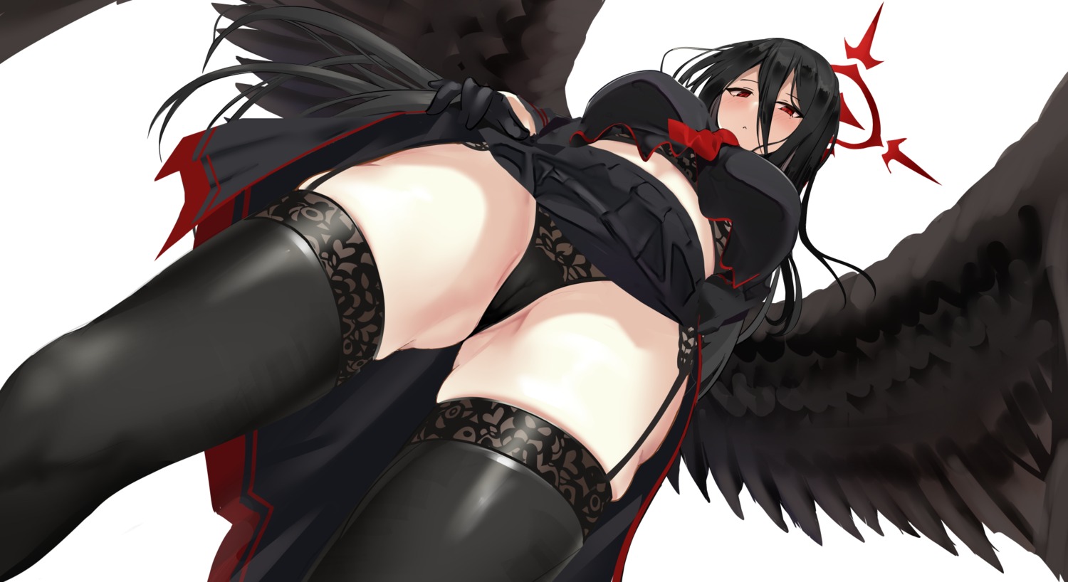 angel blue_archive bra cameltoe hanekawa_hasumi pantsu seifuku skirt_lift stockings thighhighs thong wings ykt_scl