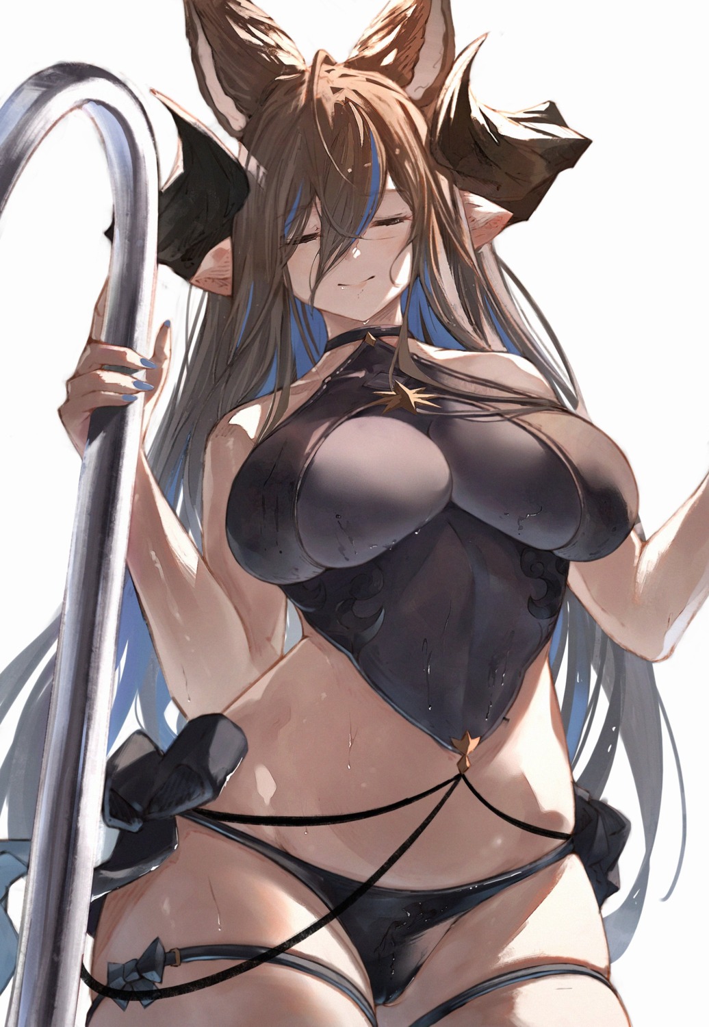 animal_ears bikini cameltoe galleon_(granblue_fantasy) garter granblue_fantasy horns pointy_ears swimsuits thong wet yu_pian