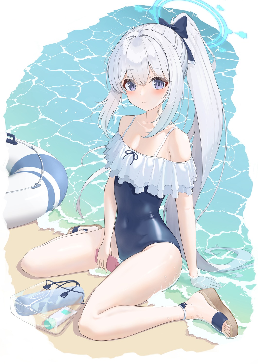 blue_archive bocchi_(kuropom7) halo swimsuits tsukiyuki_miyako wet