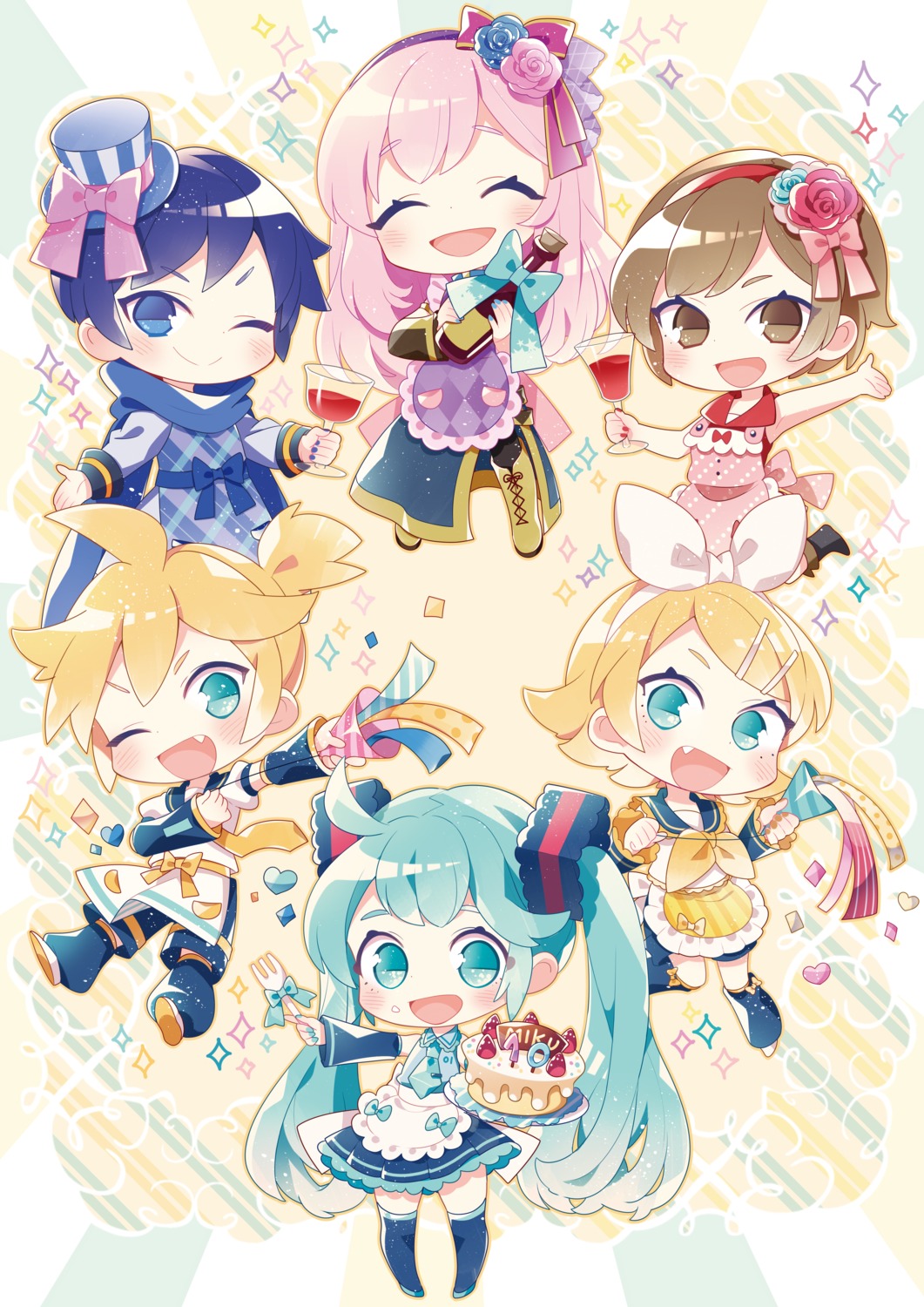 chibi hatsune_miku kagamine_len kagamine_rin kaito megurine_luka meiko pantyhose sake seifuku thighhighs uekura_eku vocaloid