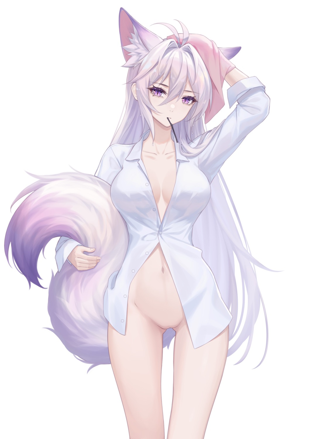 animal_ears artist_revision bottomless dress_shirt kirby_d_a no_bra open_shirt pussy tail