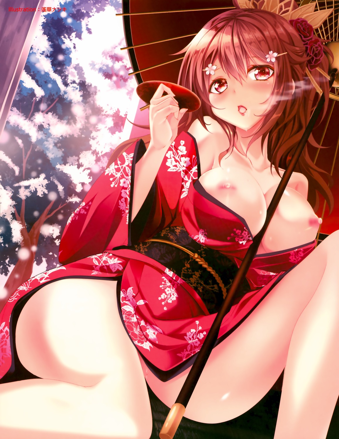 breasts haruka_natsuki kimono nipples no_bra open_shirt umbrella