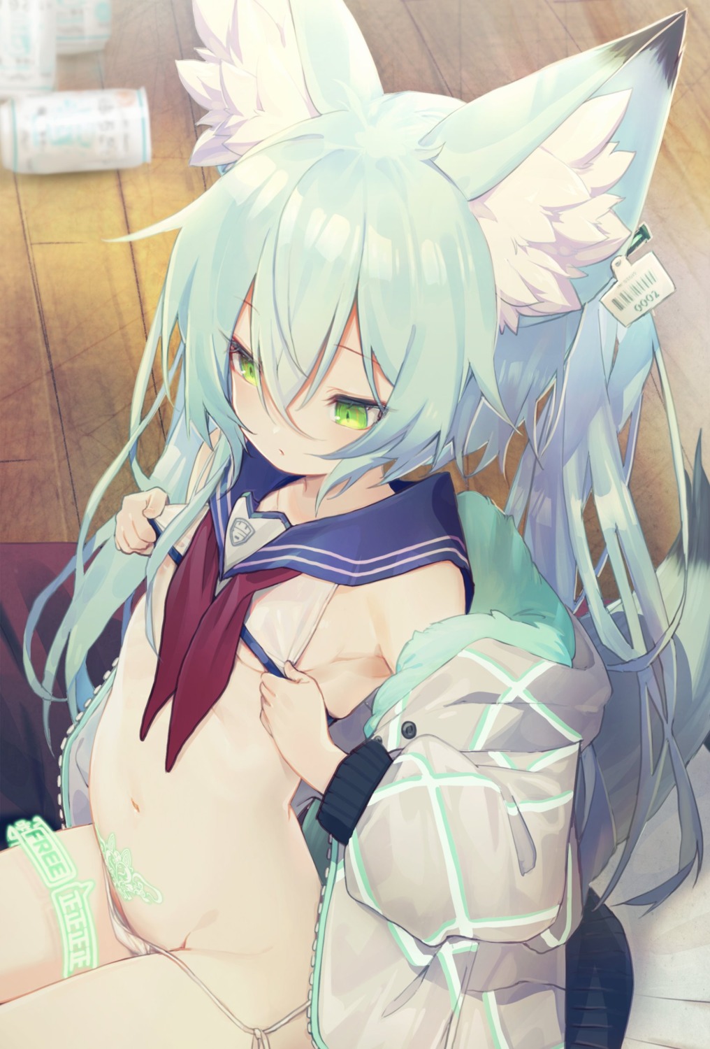 animal_ears areola bikini koza_game loli open_shirt panty_pull see_through swimsuits tattoo undressing