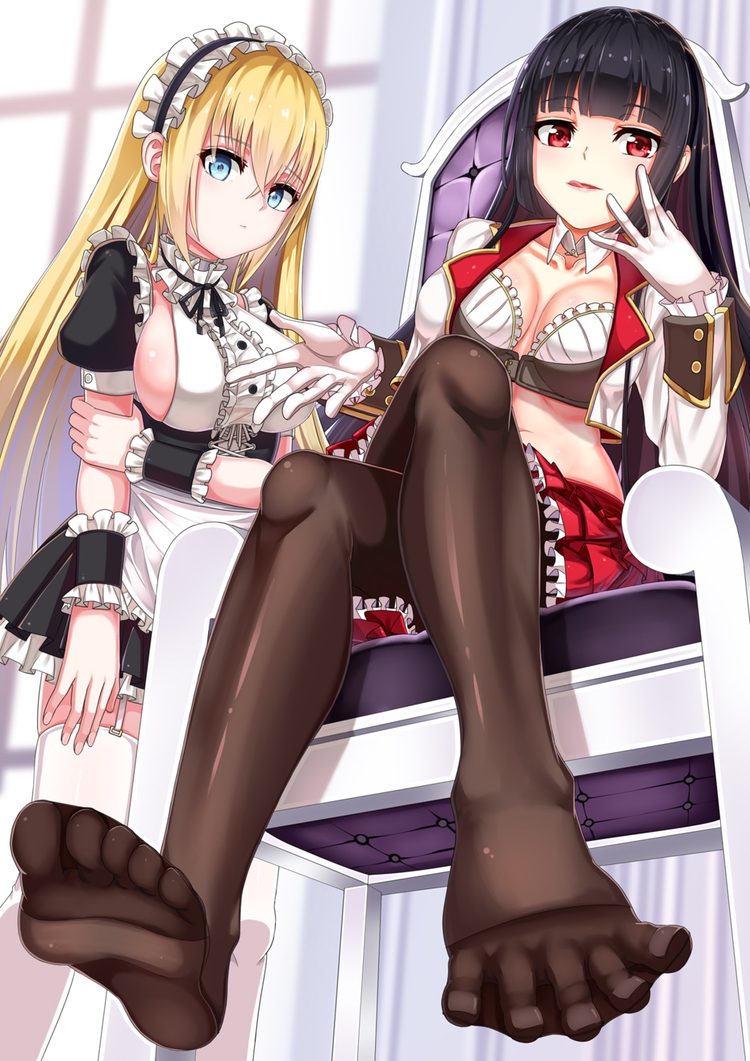 bra cleavage feet gatari maid no_bra open_shirt pantyhose stockings thighhighs