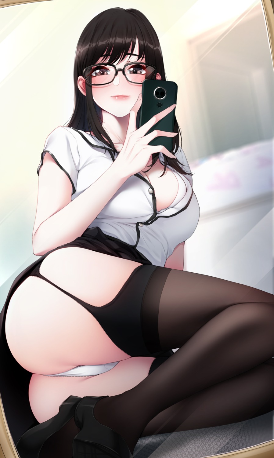 akchu ass bra cleavage heels megane open_shirt pantsu stockings thighhighs thong