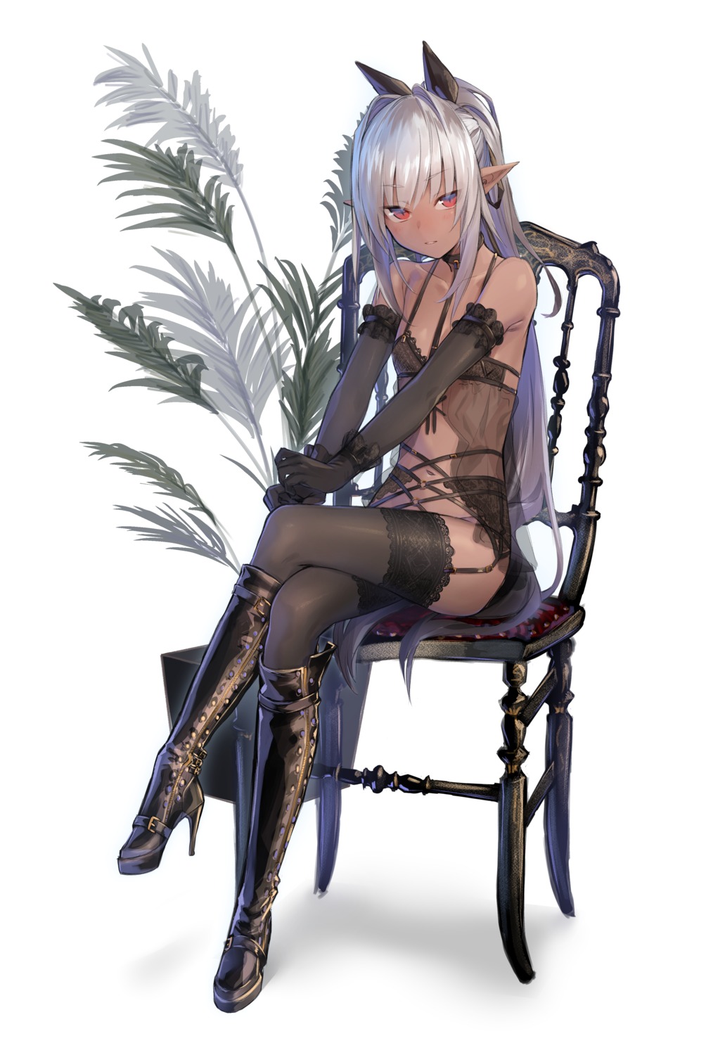 bra dio_uryyy heels lingerie pointy_ears see_through stockings thighhighs