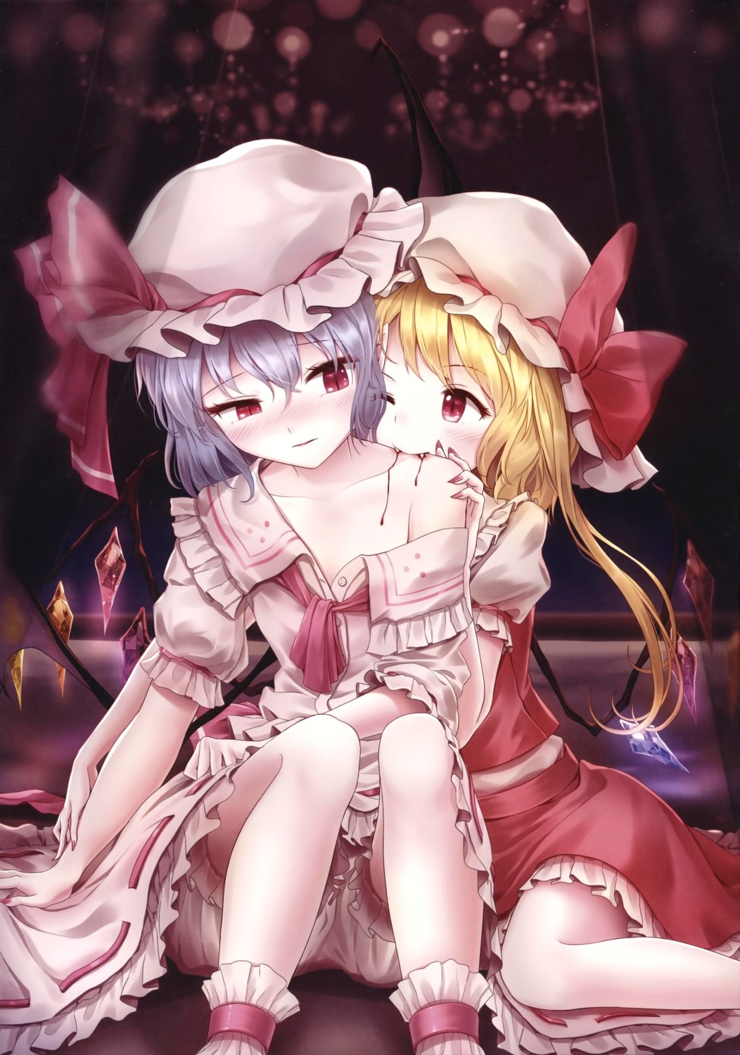 blood bloomers flandre_scarlet minust open_shirt remilia_scarlet touhou wings yuri