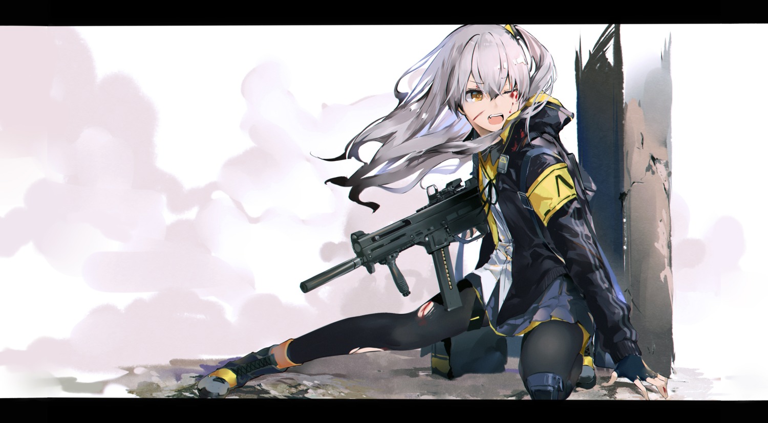 blood girls_frontline gun pantyhose torn_clothes ump45_(girls_frontline) yamano_(yamanoh)