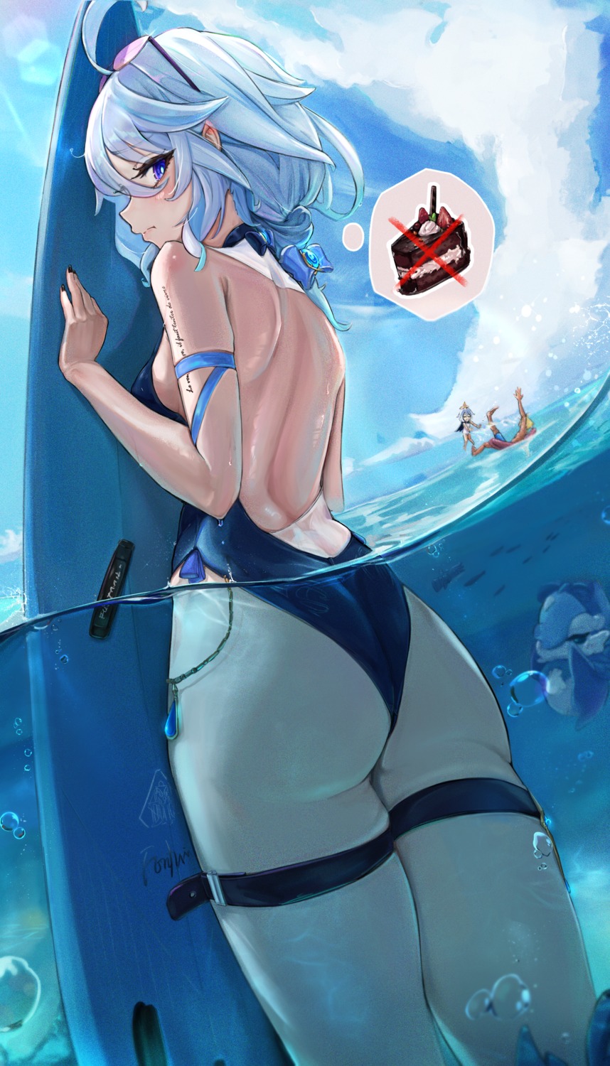 aether ass furina garter genshin_impact paimon pointy_ears ringofuze swimsuits tattoo wet