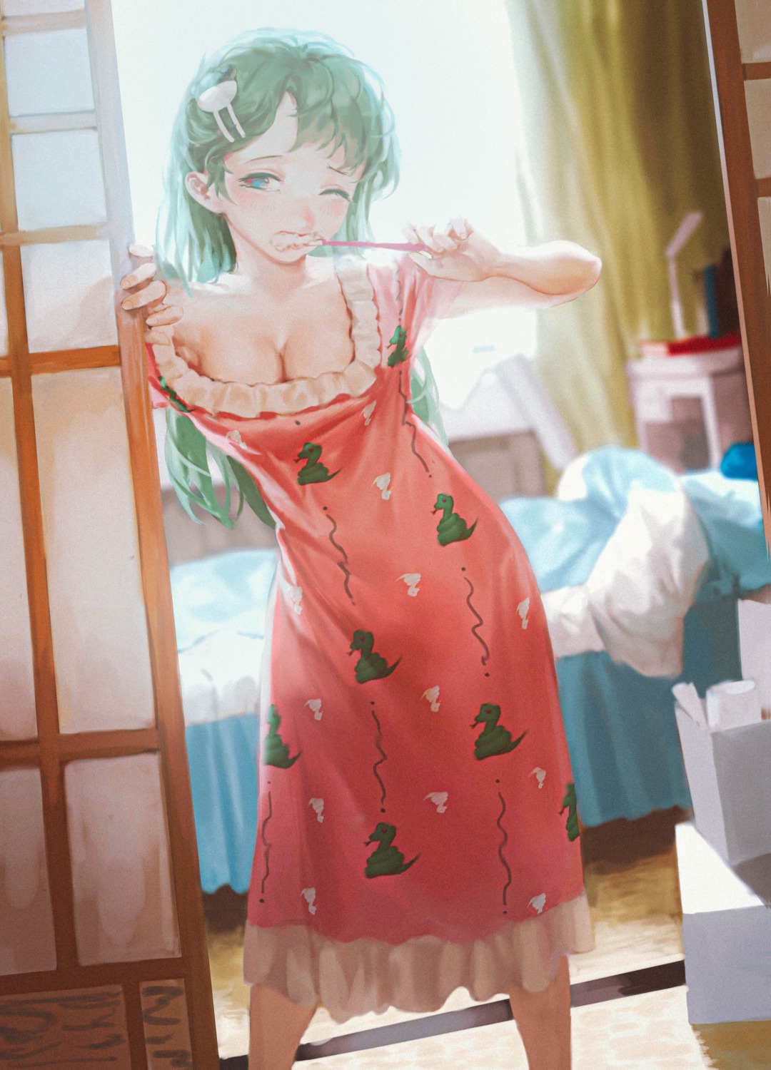 chun_lanlanlan dress kochiya_sanae no_bra open_shirt touhou