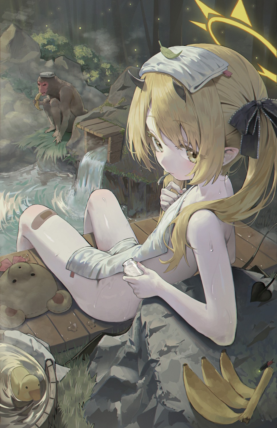 bandaid blue_archive devil halo horns loli merong_(sou47897) naked onsen pointy_ears tail tanga_ibuki towel wet wings