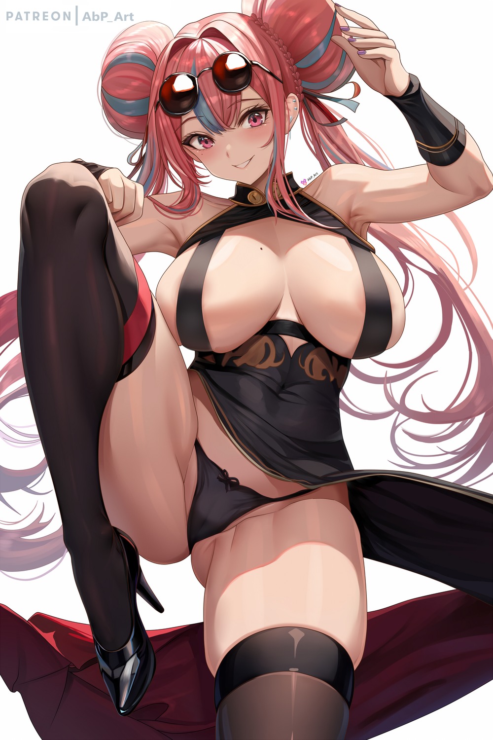 abpart areola azur_lane bremerton_(azur_lane) chinadress heels megane no_bra pantsu skirt_lift thighhighs thong