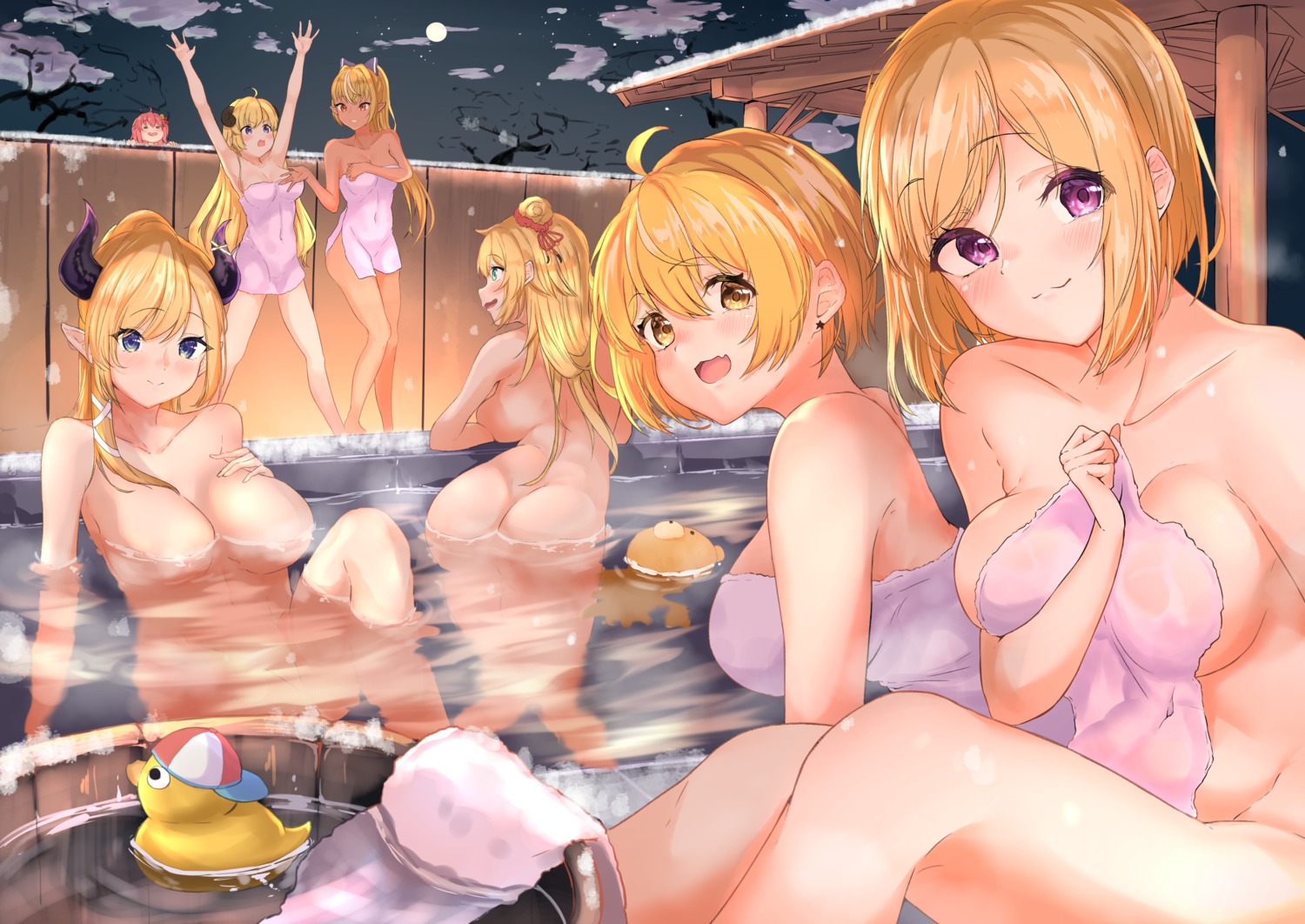 akai_haato aki_rosenthal ass bathing elf hololive horns naked ogura_toast onsen pointy_ears sakura_miko shiranui_flare towel tsunomaki_watame wet yozora_mel yuzuki_choco