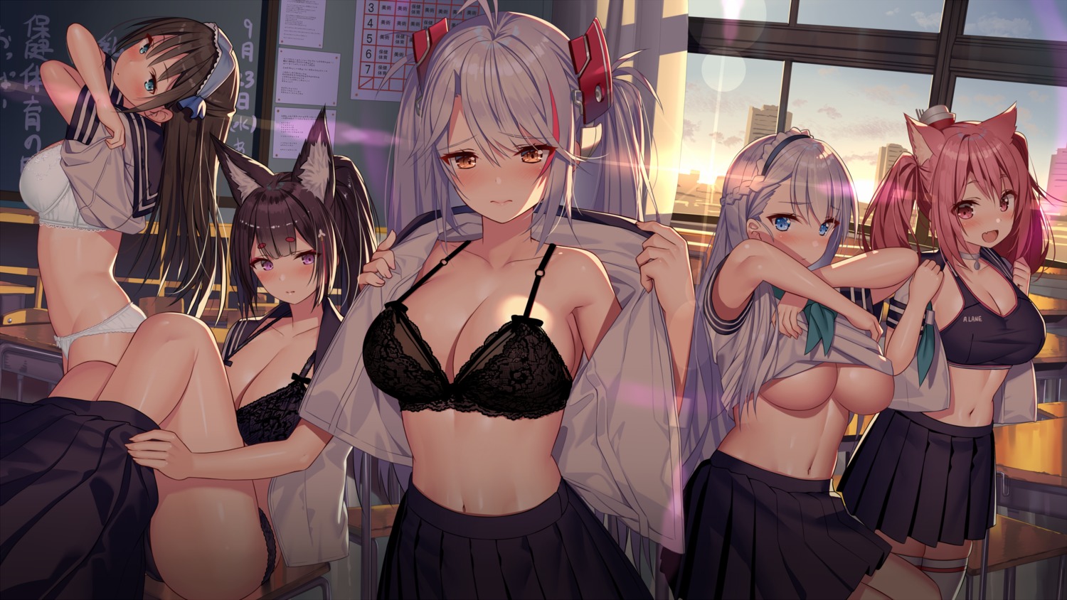 akusema amagi_(azur_lane) animal_ears azur_lane belfast_(azur_lane) bra cleavage i-19_(azur_lane) kitsune lingerie maid nekomimi newcastle_(azur_lane) no_bra open_shirt pantsu prinz_eugen_(azur_lane) see_through seifuku thighhighs undressing