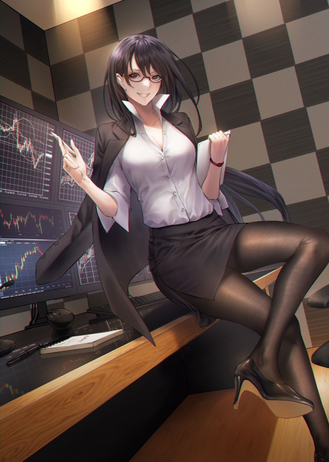 business_suit cleavage heels megane mugetsu open_shirt pantyhose skirt_lift