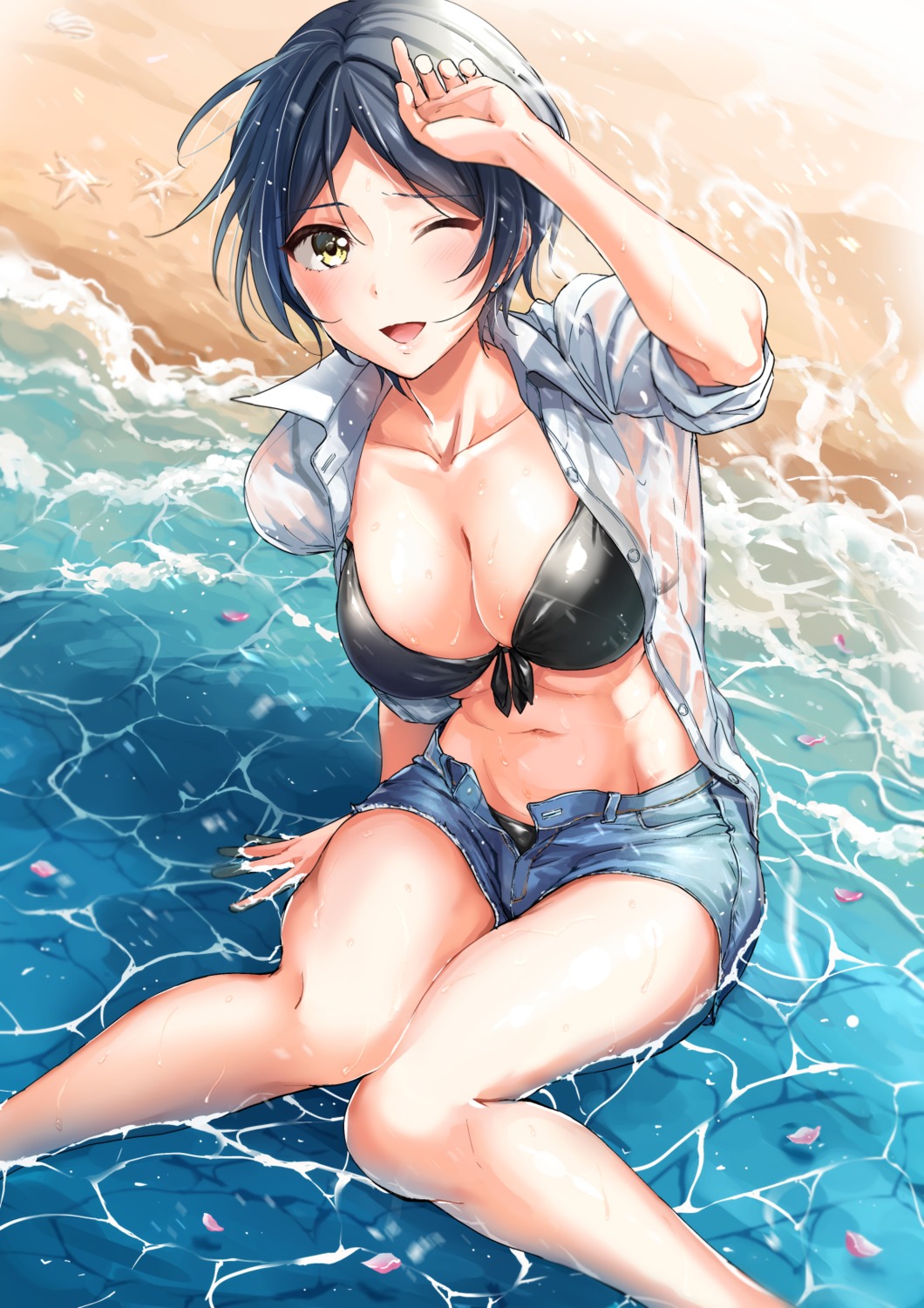 bikini cleavage dress_shirt hayami_kanade oimo open_shirt see_through swimsuits the_idolm@ster the_idolm@ster_cinderella_girls wet wet_clothes