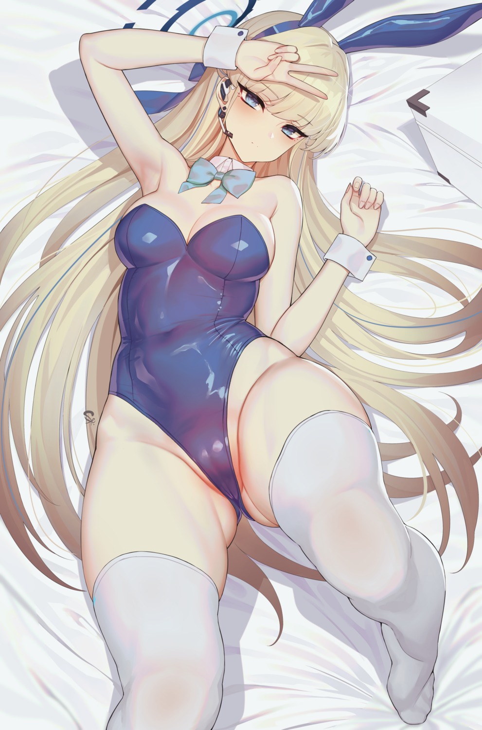 animal_ears asuma_toki blue_archive bunny_ears bunny_girl cameltoe halo no_bra suerte thighhighs