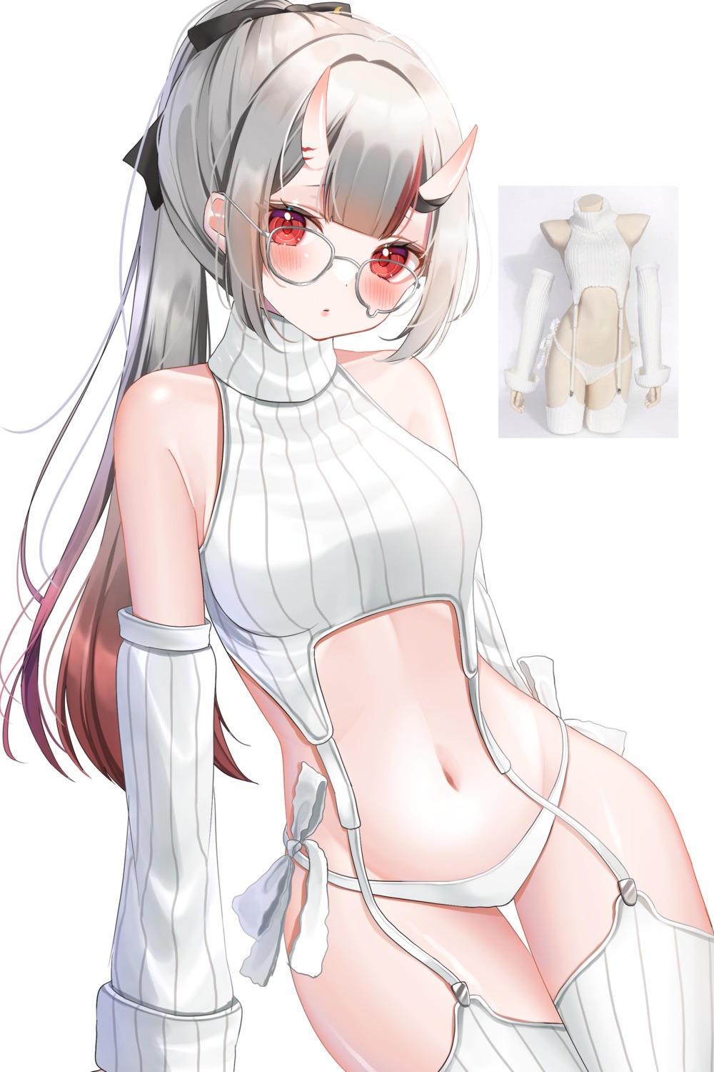 hololive horns megane nakiri_ayame ohagetty pantsu stockings string_panties sweater thighhighs