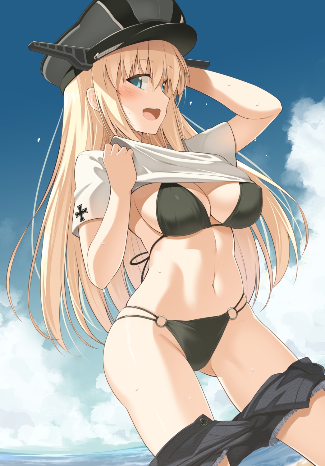 bikini bismarck_(kancolle) kantai_collection shirt_lift swimsuits tagme undressing