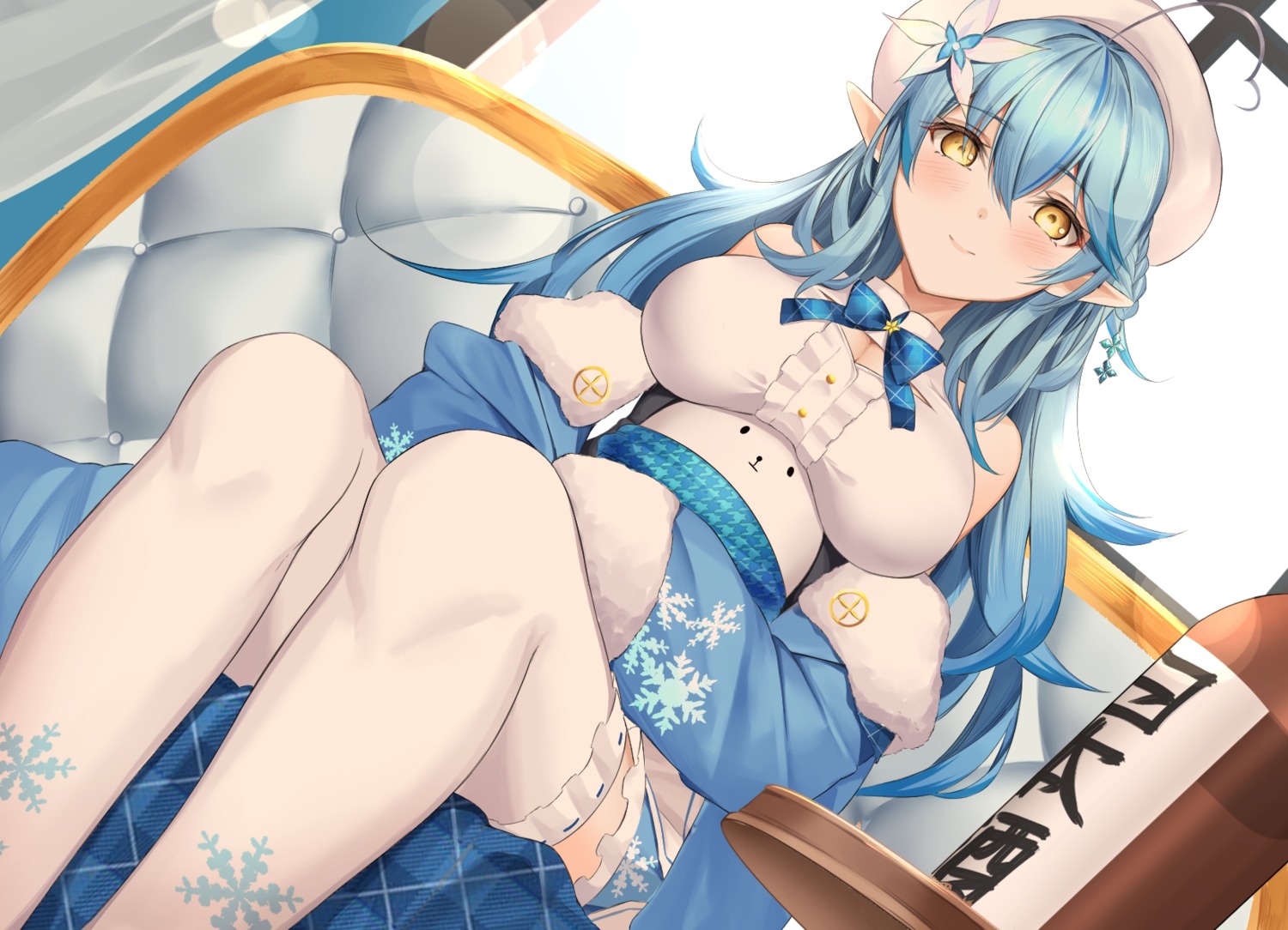 cleavage elf hololive pointy_ears sake thighhighs yukihana_lamy yuya_(pixiv37335712)